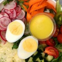 Misticanza · Mixed farm greens, cucumber, carrots, cherry tomatoes, radishes, hard-boiled egg, shaved Par...
