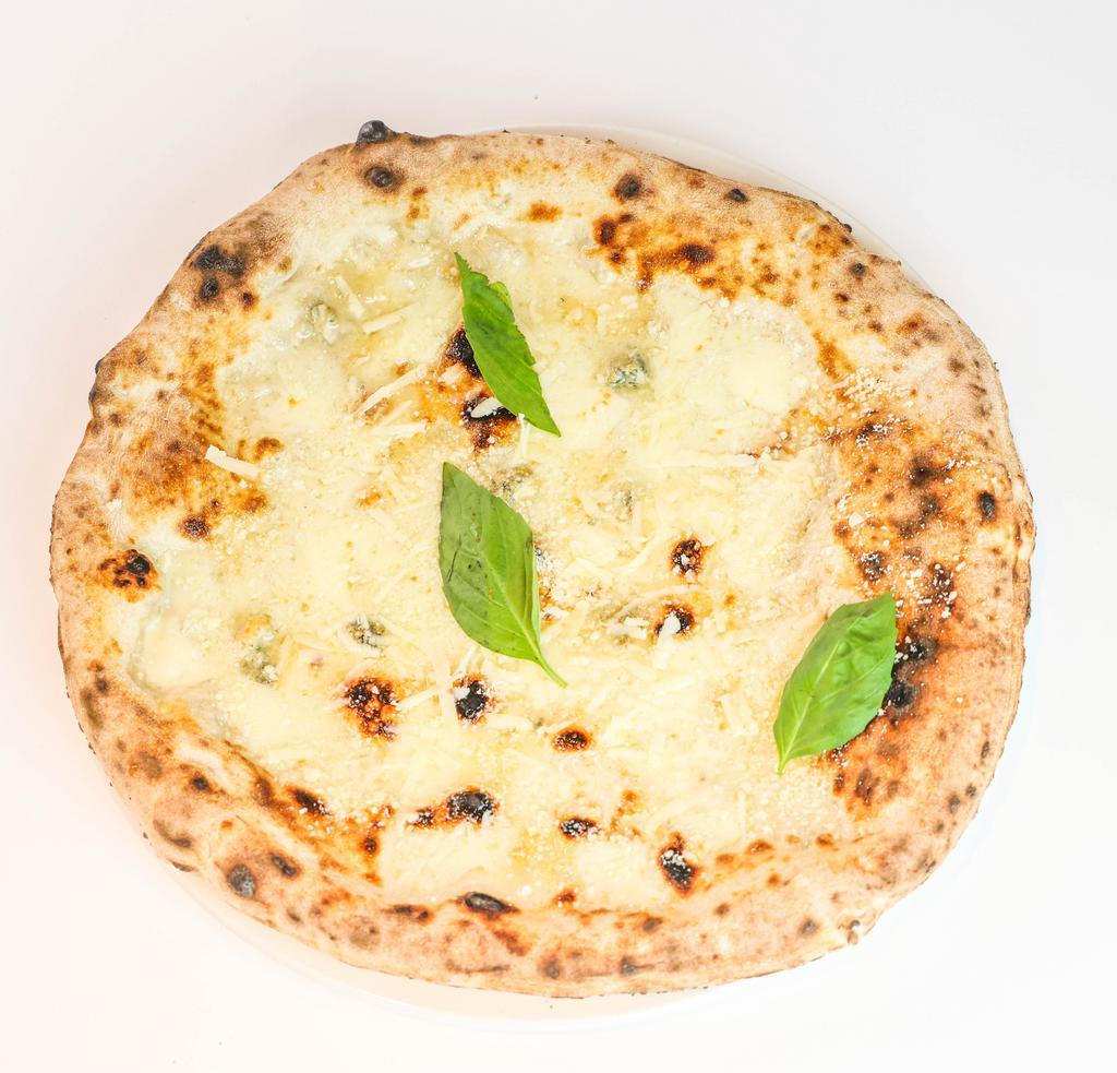 Quattro Formaggi · Mozzarella di bufala from Napoli, gorgonzola, Parmigiano Reggiano DOP, Pecorino Romano DOP (Contains Wheat, Dairy)