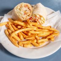 Baja Chicken Wrap · Lemon herb grilled chicken, cheddar and pepper jack cheese, lettuce, tomatoes, served with C...
