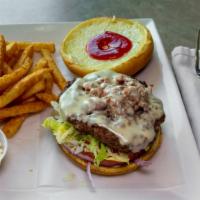 California Burger With Bacon · Lettuce, tomato, onion, mayonnaise, American cheese, bacon, ketchup, pickles.