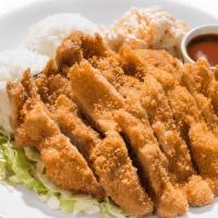 Chicken Katsu Plate · The plate includes 2 scoops of rice and 1 scoop of macaroni salad.