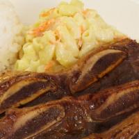 Mini Bbq Short Rib Plate · The plate includes 1 scoop of rice and 1 scoop of macaroni salad.