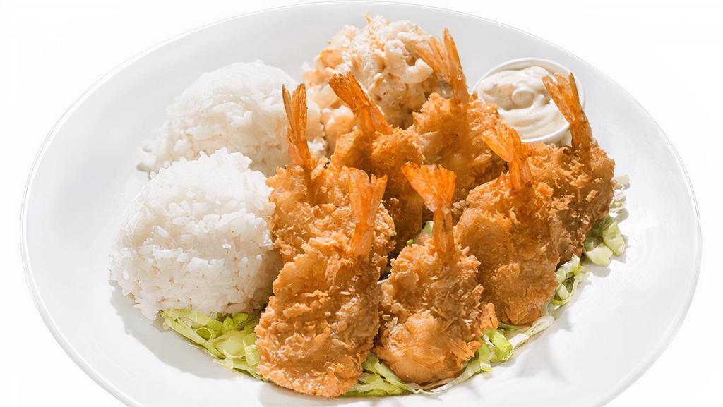 Fried Shrimp Plate · The plate includes 2 scoops of rice and 1 scoop of macaroni salad.Juicy shrimp, breaded and fried to perfection and served with zesty tartar sauce.