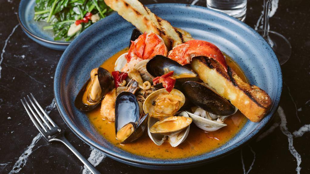 Cioppino · Lobster, shrimp, mussels, clams, calamari, tomato brodo.