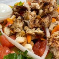 Grilled Chicken · Marinated chicken, lettuce, tomato, onion, carrots, egg, croutons.