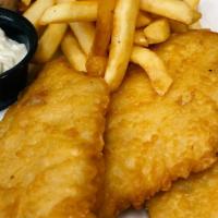 Cape Cod Fish And Chips · Three pieces of New England beer-battered fish, French fries, and coleslaw.