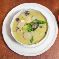 Green Curry · Hot & Spicy. Green curry cooked with eggplant, pepper, snow peas, onions and lime leaves.