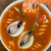 Seafood Vegetable Soup  · One Pint. Tomato based with pasta, 2 shrimp and 4 black mussels.