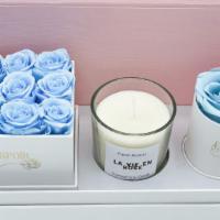 Eternity Rose Gift Set - 2 Boxes Of Blue Roses + Candle  · 🌹 Rose + Candle Bundle Set – Includes a nine rose classic square box , rose scented candle,...