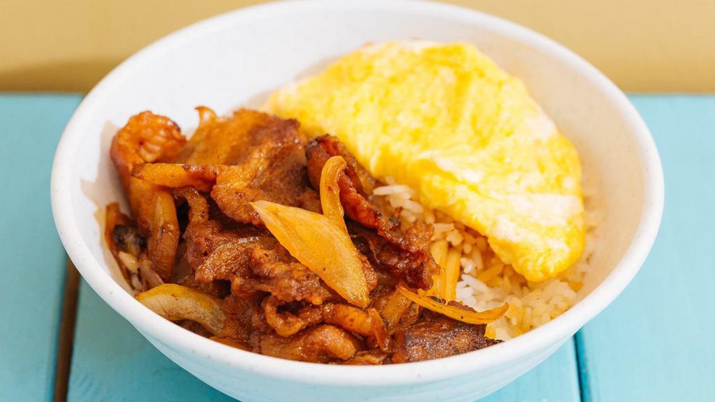 Spicy Pork · Stir-fried spicy pork with white rice and fresh egg.