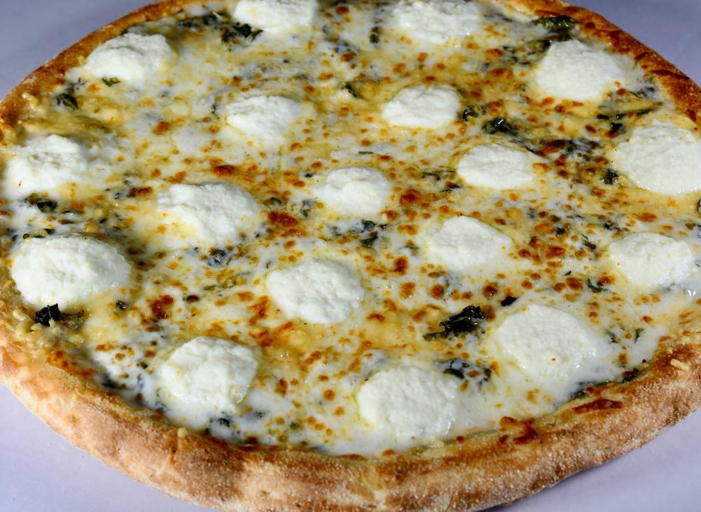 White Pizza (Small) · Our fresh dough basted with a touch of oil and sprinkled lightly with garlic, topped with a special blend of mozzarella, provolone and Cheddar cheese, with fresh oregano.