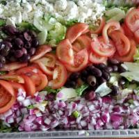 Greek Salad (Large) · Iceberg lettuce, onions, tomato, green peppers, black olives, cucumbers, pepperoncini, feta ...