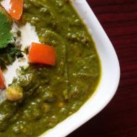 Channa Saag · Channa (chick peas) cooked in a leafy based sauce, saag (spinach) in this case, with a touch...