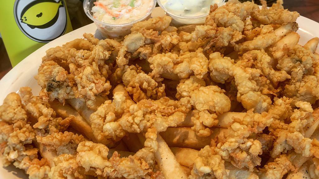 Fried Clam Plate · A platter of a whole, sweet belly Ipswich special clams cooked golden in crispy batter. Includes French fries, coleslaw, and tartar sauce.