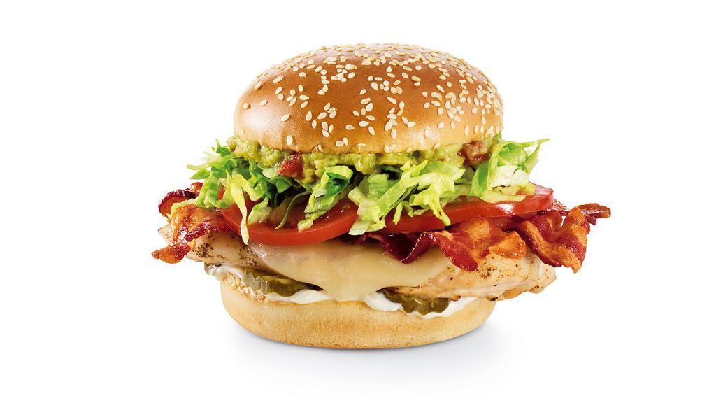 California Chicken · Housemade guac, hardwood-smoked bacon, provolone, pickles, lettuce, tomatoes, and mayo. 720 cal.
