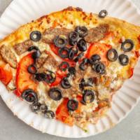 Greek Pizza · Pizza sauce, mozzarella, gyro, feta, sliced tomato & black olives