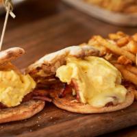 English Muffin Sliders · scrambled eggs, cheddar cheese, choice of breakfast sausage or bacon, french fries.