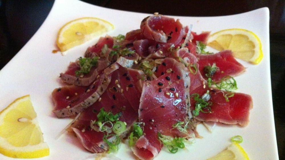 Tuna Tataki · Consuming raw or undercooked meats, poultry, seafood, or eggs may increase your risk of foodborne illness. 


Thinly sliced seared pepper tuna with spicy ponzu sauce.