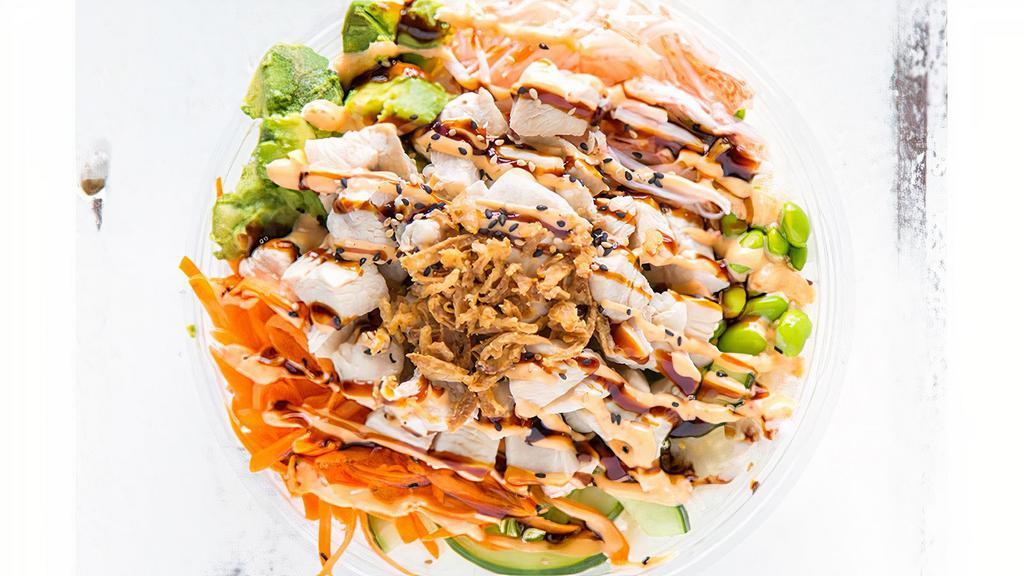 The Shaka (Chicken) · Chicken, edamame, carrots, avocado, green onion, cucumber, crab stick (contains gluten), OG sauce, sweet soy (contains gluten), and sriracha aioli.