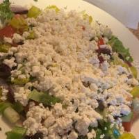 Greek Salad · Greek, Feta, Iceberg Lettuce, Romaine Lettuce, Onion, Tomatoes, Cucumbers, Green Peppers, Pe...