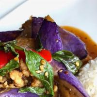 Wok Fried Spicy Basil Eggplant · Tofu, Chinese eggplant, Thai basil, red pepper, jasmine rice.