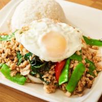 Phad Graprao · Mushroom, snow pea, onion, red pepper, chili, Thai basil, jasmine rice.