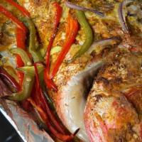 Roast Snapper 1 -2 Lbs  · Stuff with Veg, Ockro, and yard herbs Roasted in Foil  Wrap  .... serve with plantain and ca...