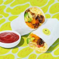 Very Vibrant Veggie Breakfast Burrito · Two scrambled eggs, sauteed mushrooms, grilled onions, diced tomato, avocado, and melted che...