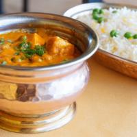 Mutter Paneer · Peas and cheese cooked in a light curry sauce. Served with saffron basmati rice and mango ch...