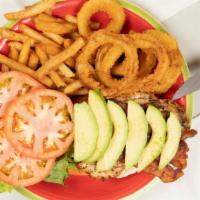 Chickies Chicken · Marinated Chicken Breast, Bacon, Lettuce, Tomato, Avocado.  Served with French Fries and Oni...