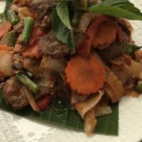 Drunken Noodles · Spicy. Stir-fried flat rice noodles with fresh Thai basil, bell peppers, string beans, carro...