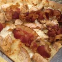 Chicken Bacon Ranch Pizza · with chicken, bacon, and ranch sauce.