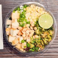 The Muay Thai · Chopped kale, organic mix spring, roasted broccoli, corn, scallion, peanuts, lime squeeze, t...