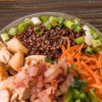 The Green Bay Salad · chopped romaine, quinoa, shredded carrot, scallions, green peppers, cheddar cheese, roasted ...