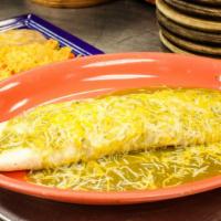 Burrito De Lujo · Fajita-style chicken & shrimp topped with tomatillo sauce & cheese. Served with rice & beans...