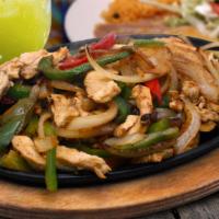 Fajita De Pollo · Chicken Fajitas. Cooked with onion, red and green bell peppers, and tomatoes. Served with ri...