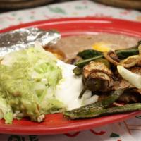 Carne Asada · Char-grilled flank steak topped with poblano peppers & onions. Served with rice, beans, Mexi...