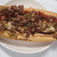 Steak Bomb Sub With Cheese · Steak, sausage, onion, pepper, mushrooms and cheese.