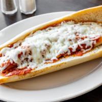 Sausage Parmigiana Sandwich · Delicious Italian sausage topped with pasta sauce and creamy cheese.