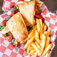 Chicken Mangia Mangia Sandwich · Grilled chicken breast, fresh mozzarella cheese, roasted red peppers and spinach.