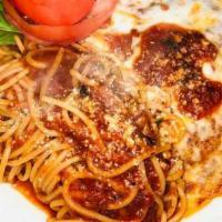 Eggplant Parmigiana Pasta · Topped with eggplant slices, Parmesan cheese, and marinara sauce.