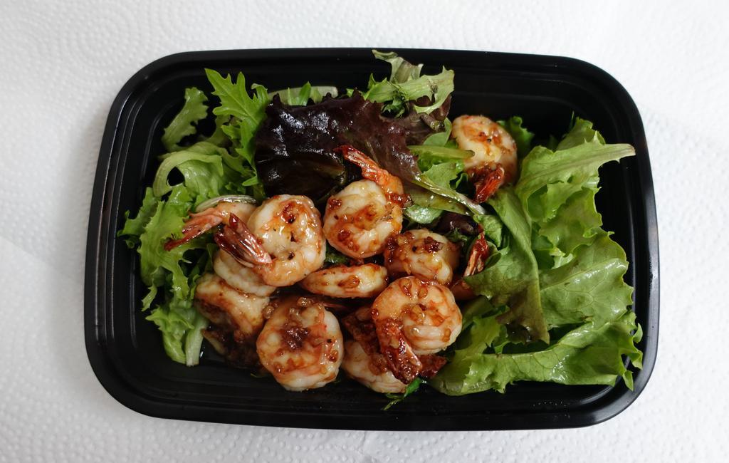 Garlic Shrimp · Shrimp sautéed with a touch of garlic and black pepper with light soy sauce. (12 pieces)