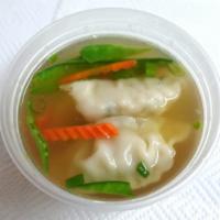 Dumpling	Soup · Steamed dumpling in clear chicken broth with snow	peas, carrots and scallions.