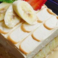 Tres Leches Cake · milk-soaked vanilla sponge cake, dulce de leche whipped cream, dulce dark rum