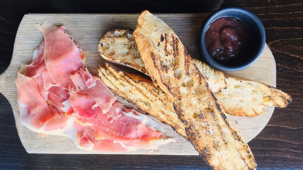 Prosciutto San Daniele · dry cured ham, sweet and slightly salty  (Italy)

served with house-made focaccia, pickled vegetables and whole grain mustard