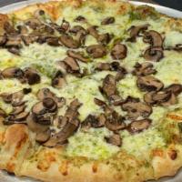 Funghi Pesto Pizza · mozzarella, parmesan, walnut pesto housemade pesto,  cremini mushrooms.