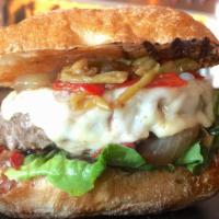 Sonoma Burger · 7 oz house ground, grass-fed beef, pepper jack cheese, bacon, lettuce, tomato, caramelized o...