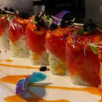 Cupid'S Arrow · Spicy tuna avocado roll wrapped with tuna, tobiko and strawberries drizzled in mango Thai ch...