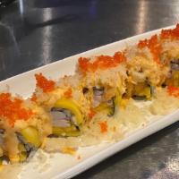 Ebi Mango Maki · Sweet shrimp and mango roll topped with mango, tobiko, spicy orange mayo sauce and tempura f...