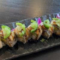 Torched White Tuna Maki (Spicy) · White tuna with tempura flake in spicy mayo sauce, top with torched white tuna, jalapeno and...
